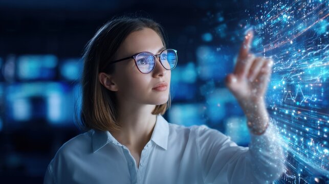 A woman wearing glasses interacts with a transparent digital interface displaying futuristic data and graphs in a tech-driven environment. - Powered by Adobe