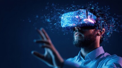 A man wearing a glowing virtual reality headset interacts with a digital interface in a futuristic, high-tech setting.