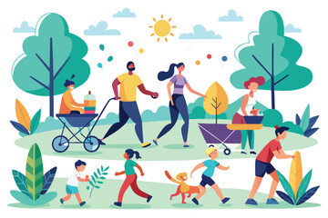 People engage in various outdoor activities enjoying a sunny day in the park while children play and adults socialize