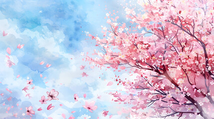 watercolor painting of sakura trees in full blossom
