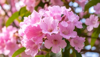 Close-up of delicate pink tabebuia rosea flowers in full bloom against a blurred background