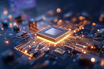 Close-up of a glowing microchip on a circuit board with illuminated pathways and components in a high-tech, futuristic setting.