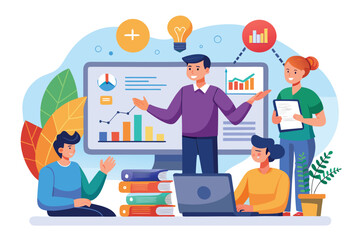 Group engages in learning about trading concepts with visual data displays and interactive discussions in a modern classroom setting