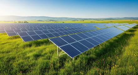 A scenic HD photo of solar panels in an open green field under a bright sky. Surrounded by grass and a few wildflowers, with hills in the background.