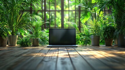 Laptop in a tropical greenhouse setting, workspace