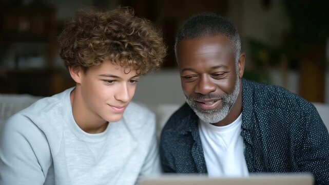Caring multiracial family Black father and white teen son working together on virtual learning. Parental support during remote education in a warm, inclusive home