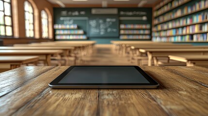 Classroom tablet on wooden table, school library in background, learning, possible use for educational stock photography