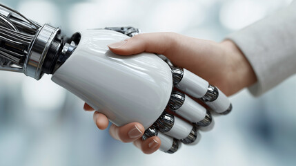 Business Handshake Between Bank Manager and Robotic Hand in Modern Office