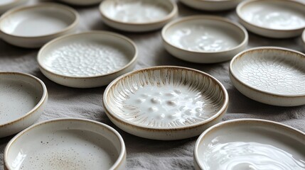 Small white ceramic plates on linen tablecloth.  Possible use kitchenware display or catalog