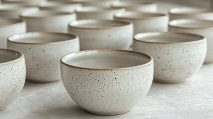 Rows of speckled white ceramic bowls