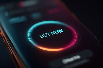 Vibrant 'Buy Now' button glowing on a sleek smartphone display, representing instant online purchasing, mobile e-commerce, and the digital consumer experience