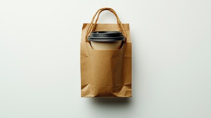 Coffee takeaway in paper bag, white background,  for cafe menu or advertising