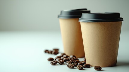 Two coffee cups, coffee beans, simple, studio shot, on white background, for marketing