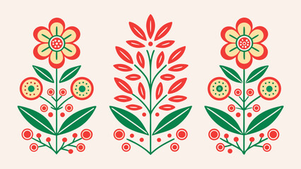 Scandinavian Floral Folk Art Vector Bundle Red Green Yellow Flowers