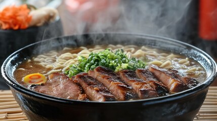 Steaming ramen bowl with pork, restaurant setting