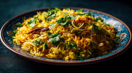 Spinning plate of colorful Indian biryani rice with rich spices and herbs, captured in slow motion on a dark background. The dish features vibrant saffron rice, garnished with fried onions, coriander