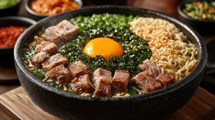 Delicious Asian ramen, colorful toppings, hot food,  background of condiments.  Possible use Food, restaurant, recipe