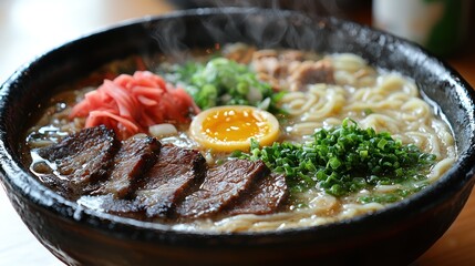 Steaming ramen bowl, restaurant setting, close-up, delicious noodles