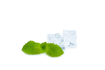 Mint and ice isolated on white background. Green fresh mint and ice cube. Mint leaves, ice cube and...
