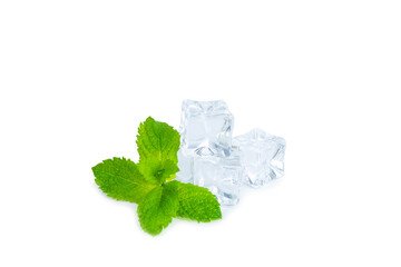 Mint and ice isolated on white background. Green fresh mint and ice cube. Mint leaves, ice cube and...