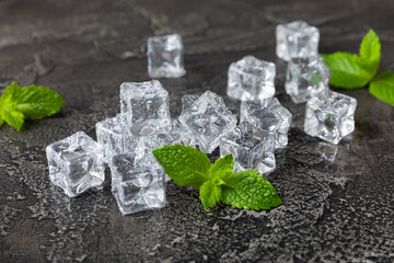 Mint and ice on texture background. Green fresh mint and ice cube. Mint leaves, ice cube and water...