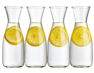  Set of Transparent Glass Carafes with Water and Lemon Slices, Front View, Minimalist Style, PNG