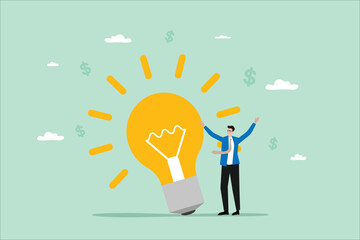Businessman Embracing a Luminous Lightbulb Creative Thinking money rain illustration 