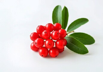 red currants on a branch, Single red Schisandra Chinensis berry isolated on white. Berry has black seeds. Leaves attached to stem slightly to its right. Central position with minimal background. Berry