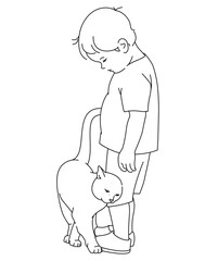  Boy with a cat rubbing against his leg