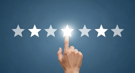 Hand touching a glowing star among seven stars on a blue background for feedback concept