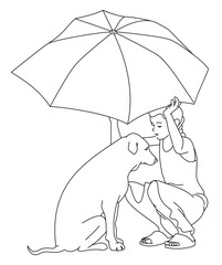  little girl shares an umbrella with her dog to keep them both dry