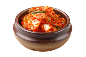 A bowl of spicy korean kimchi, a fermented cabbage dish, isolated on transparent background on transparent background