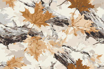 A Camouflage pattern with leaves and tree trunks.Hunting camouflage with tree for hunting and military. Hunting camouflage seamless pattern design. Vector hunting camo background.