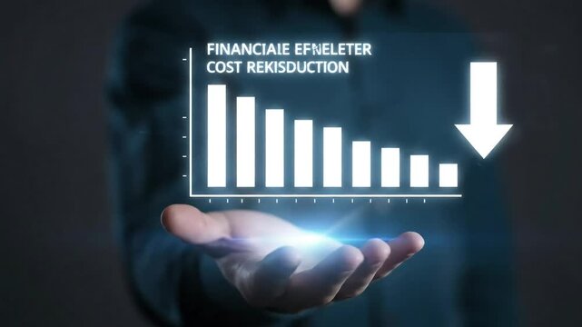 A person s outstretched hand displays a glowing holographic bar chart showing a significant decrease in financial costs and expenses symbolizing cost reduction and efficiency