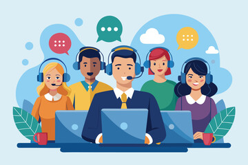 Support team collaborates in a modern call center for online technical assistance, showcasing professional communication skills and teamwork