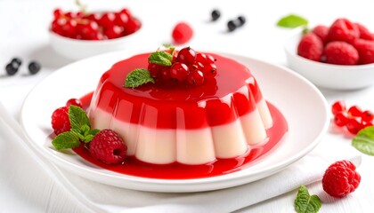 Delicious two-layer panna cotta with vibrant red berry sauce and fresh fruit garnish