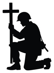 Solemn Soldier Kneeling with Cross Black Silhouette Honoring Fallen Heroes and Reflecting on Sacrifice