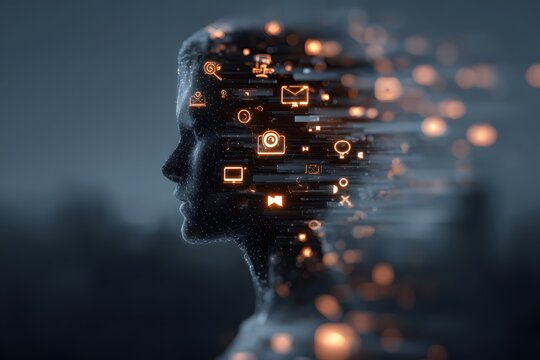 Digital transformation of the human mind, conceptualizing artificial intelligence and technological evolution, with data particles dissolving into the future
