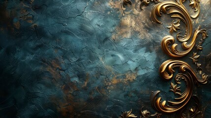 Ornate gold filigree scrolls on textured, blue-teal background with aged look and decorative accents