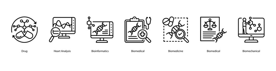 Biomedical innovation web banner icon vector illustration showing Drug, Heart Analysis, Bioinformatics, Biomedical, Biomedicine, Biomedical, and Biomechanical.