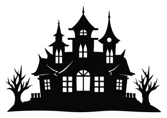 Obraz premium Spooky Halloween Haunted House Silhouette with Bare Trees and Dark Mysterious Design for Holiday Decor and Festive
