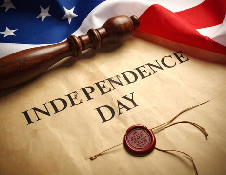 Symbolic representation of Independence Day with gavel, document, and flag.