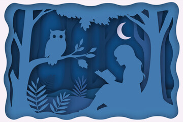 Girl reading a book at night in forest with owl and moon in layered paper cut style