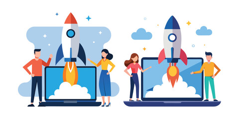 Innovative Startup Founders Launching Rocket from Laptop – Modern Vector Illustration for Entrepreneurship, Business Growth, Digital Marketing, and Tech Startup Success Concept