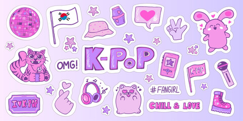 A vibrant collection of K-Pop themed stickers showcasing colorful characters and symbols. The design includes a cat, bunny, microphone, and trendy text elements on a soft pastel backdrop.