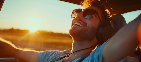 Portrait of young hipster guy with earphones sitting on back seat. Travel and music concepts.