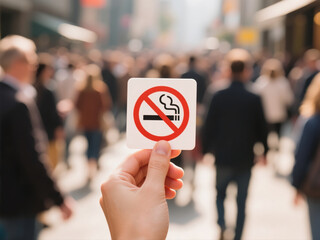 Hand Holding No Smoking Sign Against Blurred Crowd Street Background