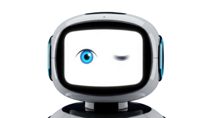 Friendly robot character winks, showcasing innovative AI technology and future possibilities with a charming expression