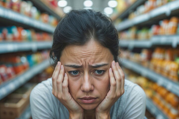 Face of shocked by supermarket prices woman is standing in a grocery store aisle, looking at the ground and looking down