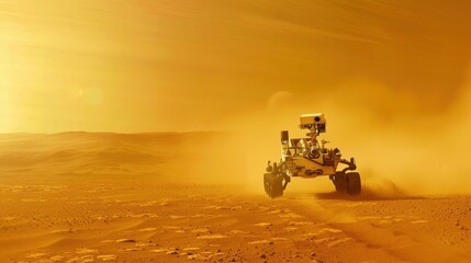 Martian rover traversing a dusty landscape bathed in golden sunlight